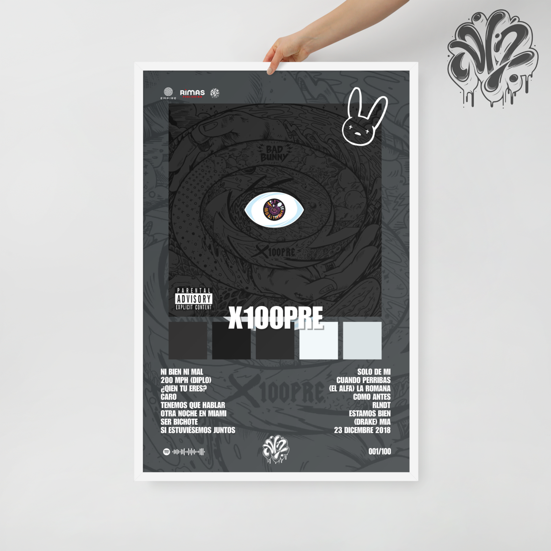 X100PRE di BadBunny - Poster in A3 con cornice pronto da appendere