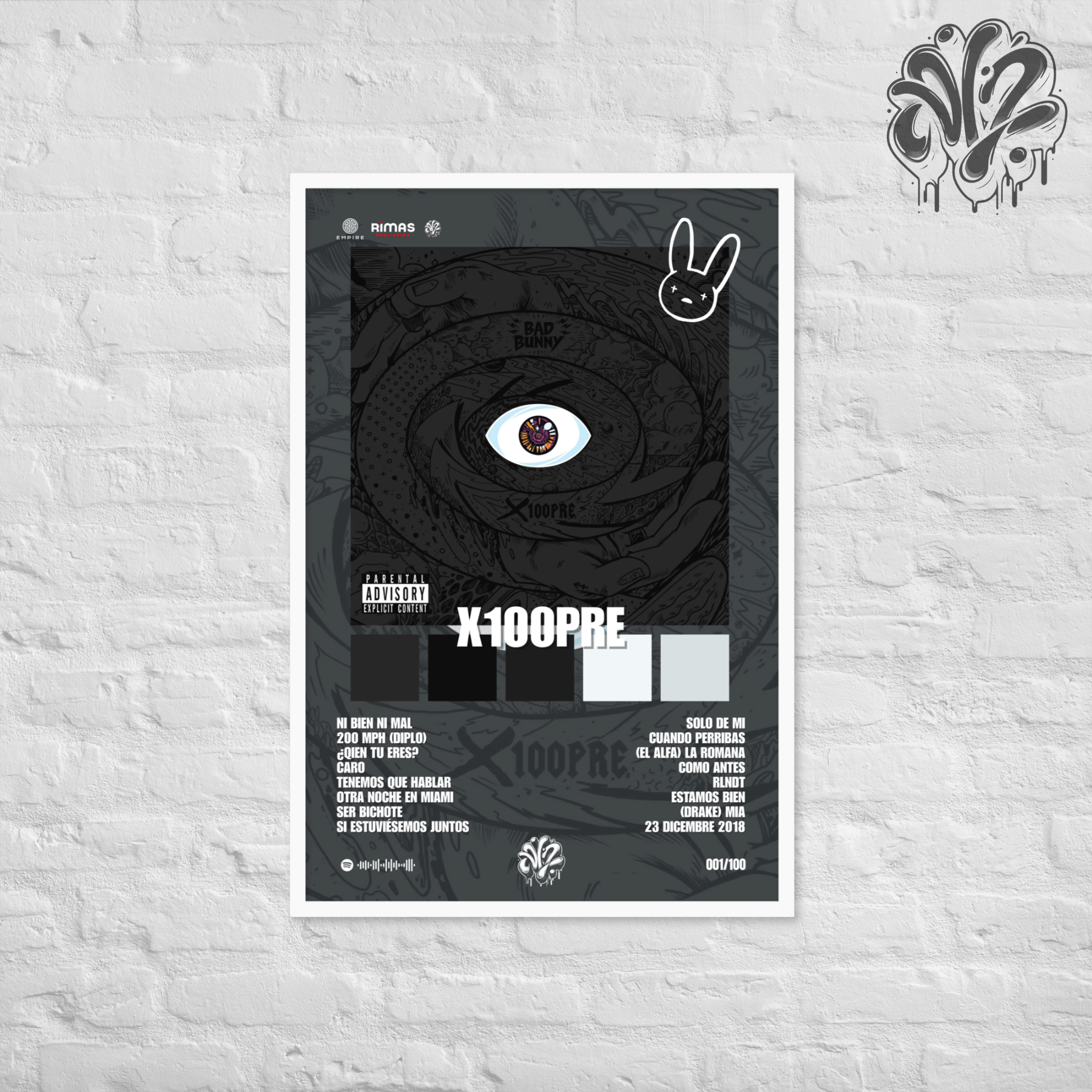 X100PRE di BadBunny - Poster in A3 con cornice pronto da appendere