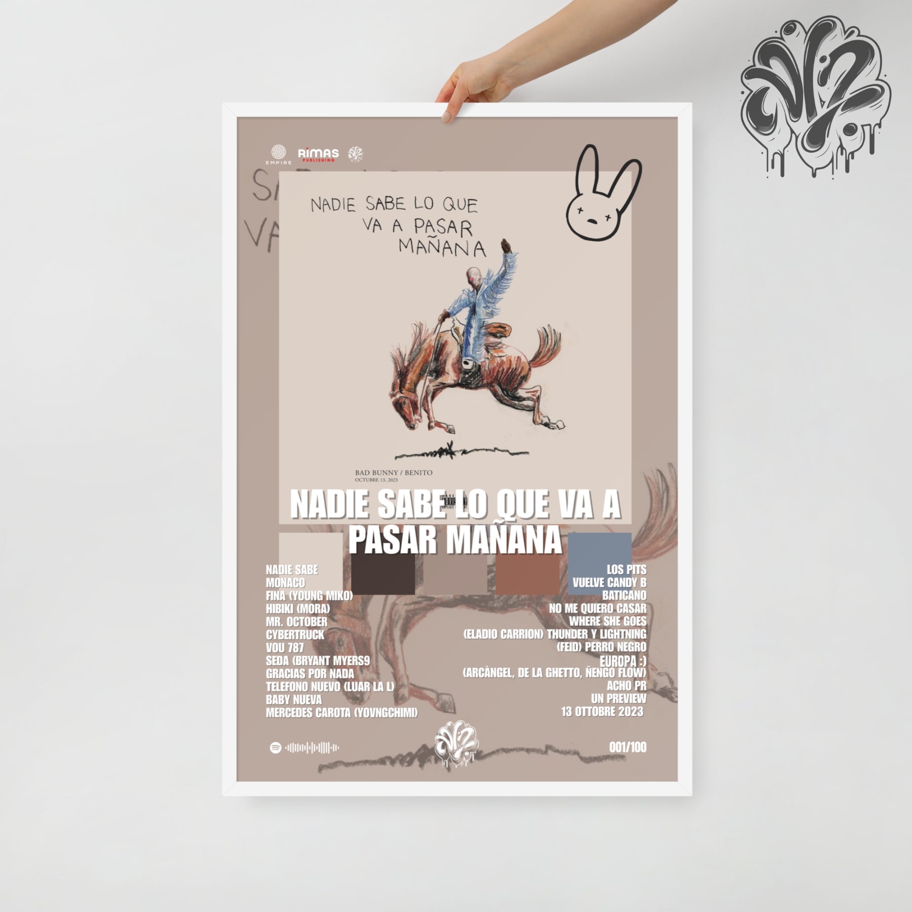 Nadie sabe lo que va a pasar manana di BadBunny - Poster in A3 con cornice pronto da appendere